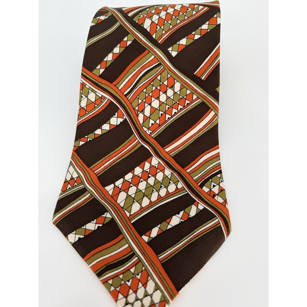Vtg 70's I.Magnin 100% Silk Tie Spain Brown Orange Abstract Retro Geo Pattern - Picture 6 of 7